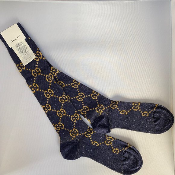 Gucci GG Socks in Blue and Gold Lamé - Picture 3 of 11